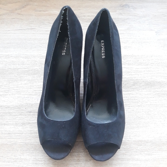 1990's Express Faux Snake Skin Open Toe Wedge Heels - Size 10 Black Suede Shoes - Picture 11 of 15